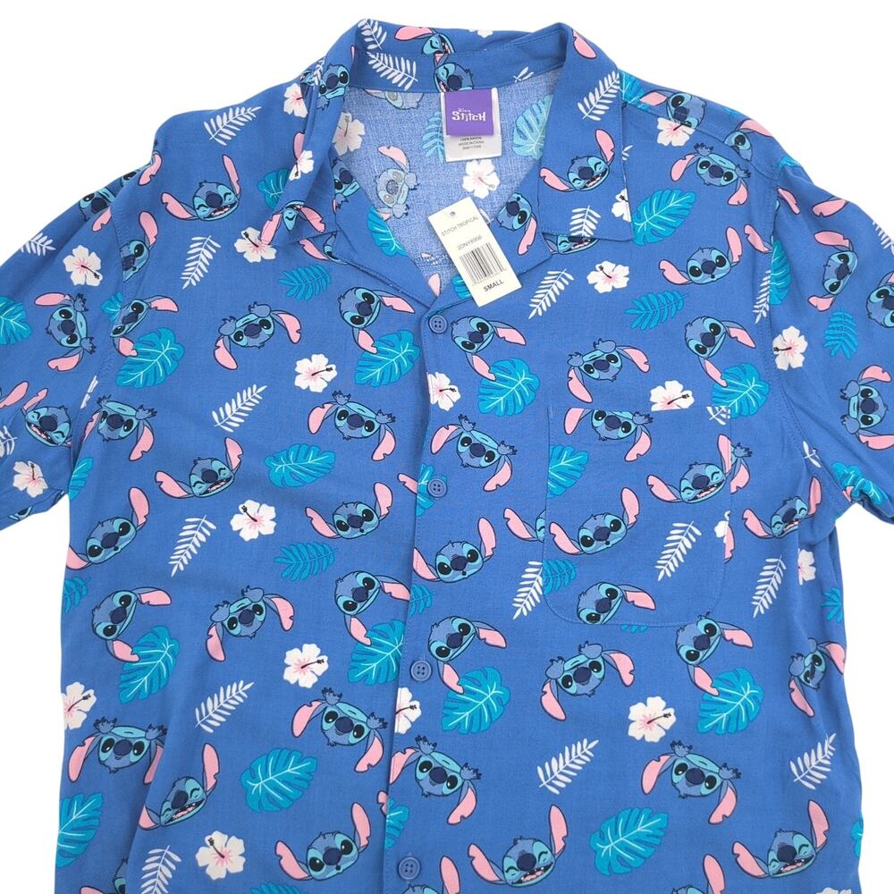 Disney Stitch Men's Small Blue Tropical Hawaiian Rayon Button-Down Shirt NWT